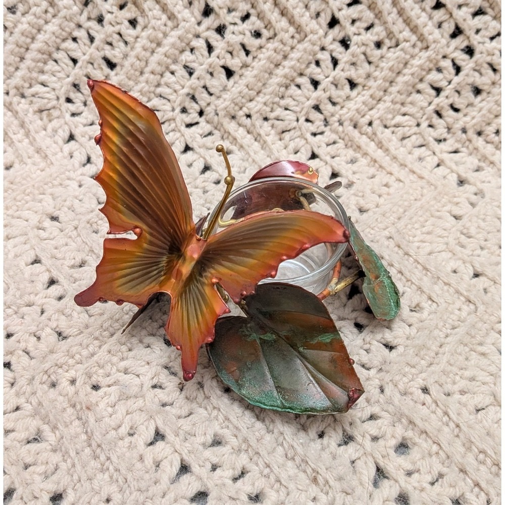 Vintage Copper Butterfly Votive Candle Holder Verdigris Leaf Glass Cup Decor